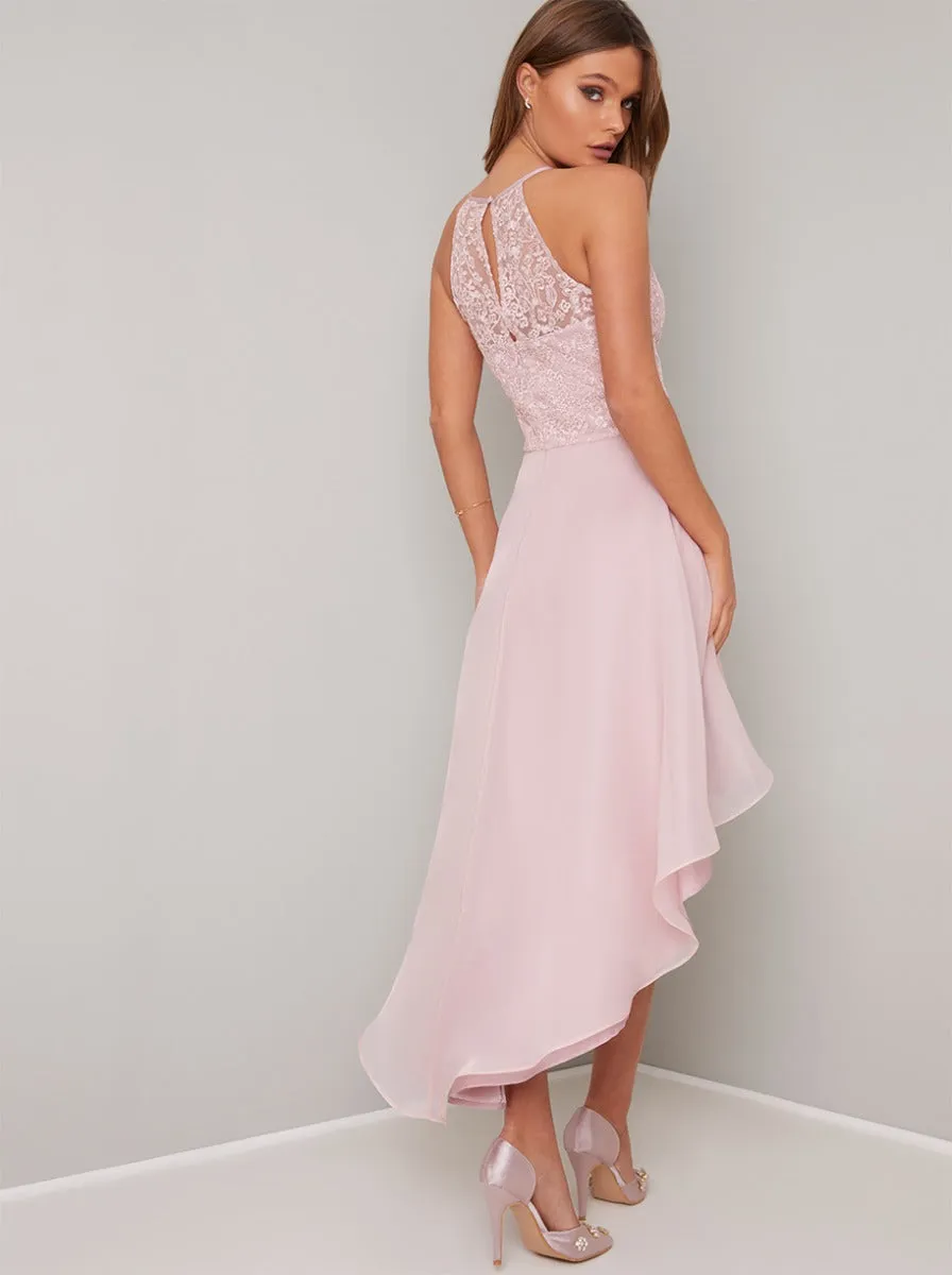 Halter Lace Bodice Dip Hem Layered Midi Dress in Pink sold by Chi Chi London product image thumbnail 2