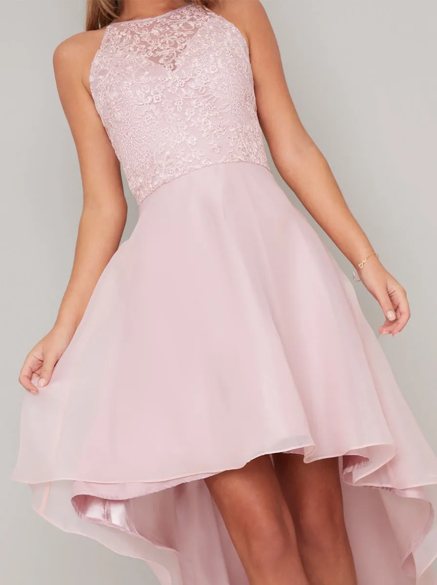 Halter Lace Bodice Dip Hem Layered Midi Dress in Pink sold by Chi Chi London product image thumbnail 3