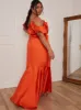 Plus Size Satin Cami Strap Ruffle Detail Bodycon Dress in Rust sold by Chi Chi London