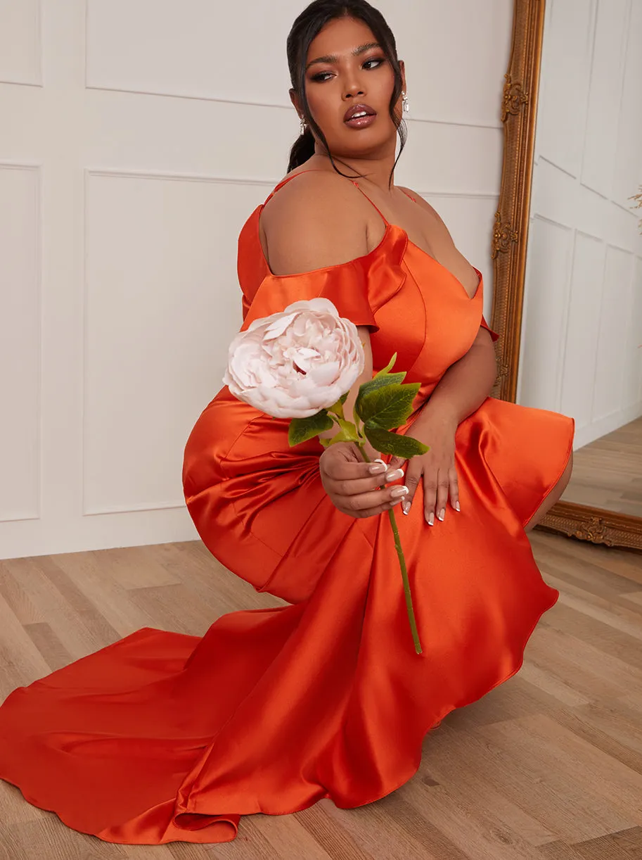 Plus Size Satin Cami Strap Ruffle Detail Bodycon Dress in Rust sold by Chi Chi London product image thumbnail 2