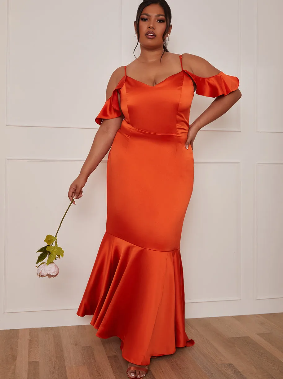 Plus Size Satin Cami Strap Ruffle Detail Bodycon Dress in Rust sold by Chi Chi London