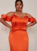 Plus Size Satin Cami Strap Ruffle Detail Bodycon Dress in Rust sold by Chi Chi London