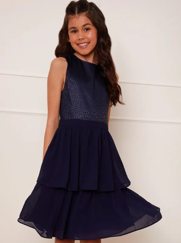 Older Girls Textured Tiered Midi Dress in Navy sold by Chi Chi London