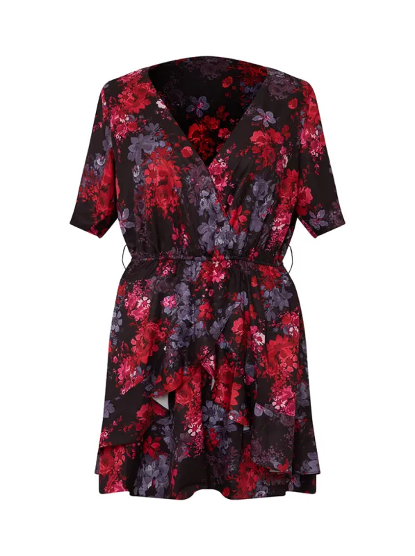 Plus Size V Neck Floral Wrap Midi Dress in Black sold by Chi Chi London