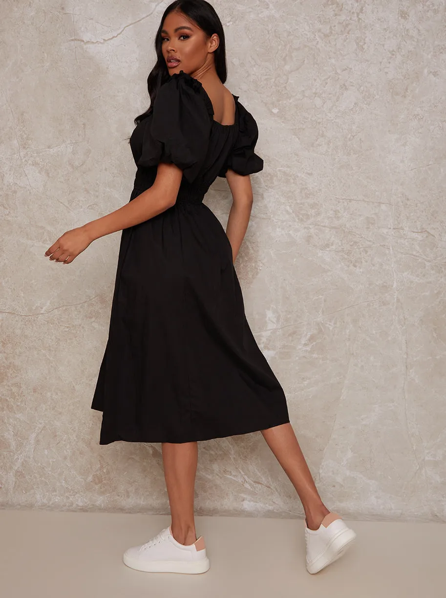 Puff Sleeve Cotton Midi Dress in Black sold by Chi Chi London product image thumbnail 2