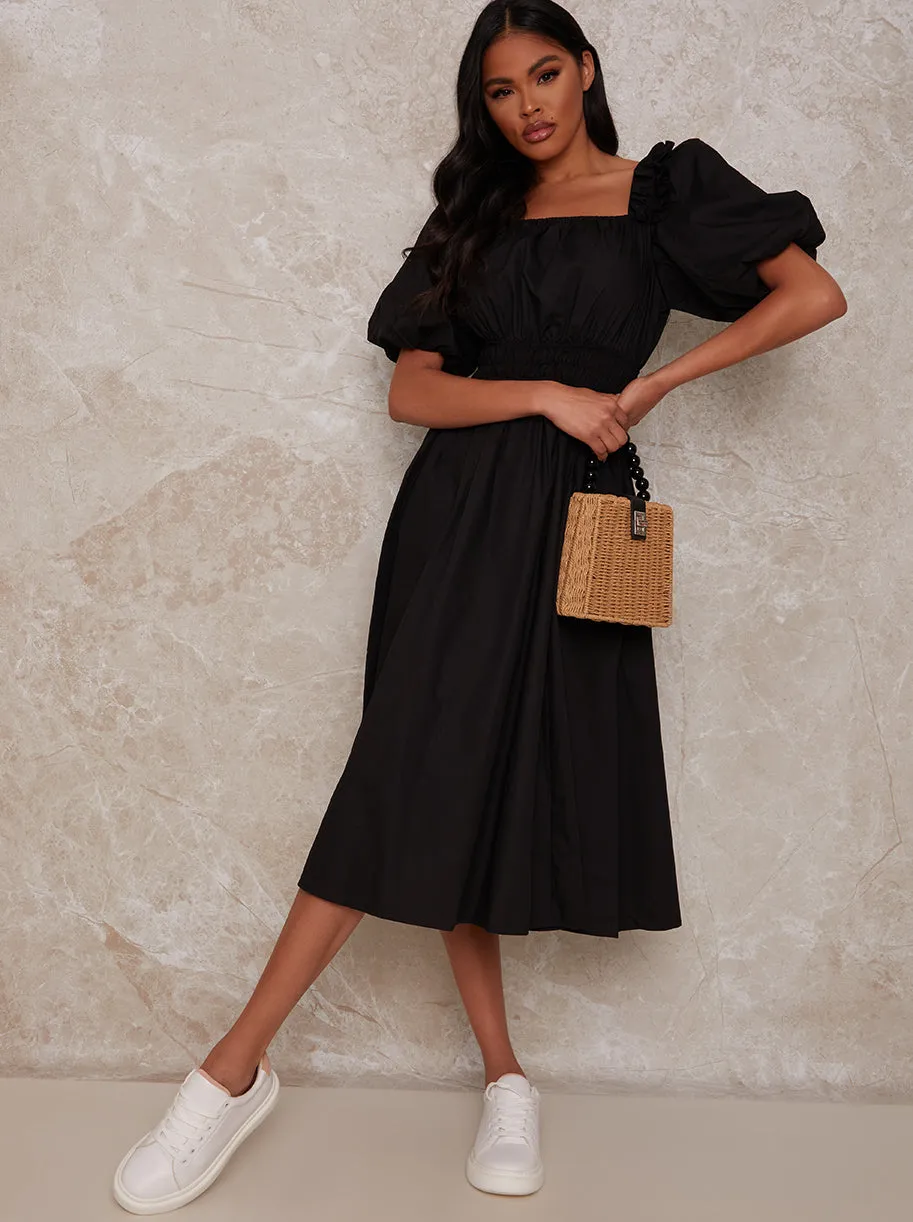 Puff Sleeve Cotton Midi Dress in Black sold by Chi Chi London product image thumbnail 3