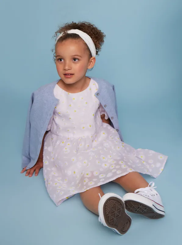 Girls Puff Sleeve Tiered Midi Dress with Daisy Print in Purple sold by Chi Chi London