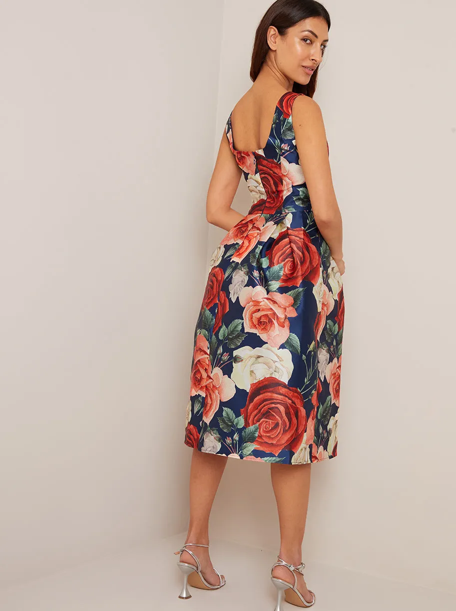 Sleeveless Floral Print Midi Skater Dress in Navy sold by Chi Chi London product image thumbnail 2