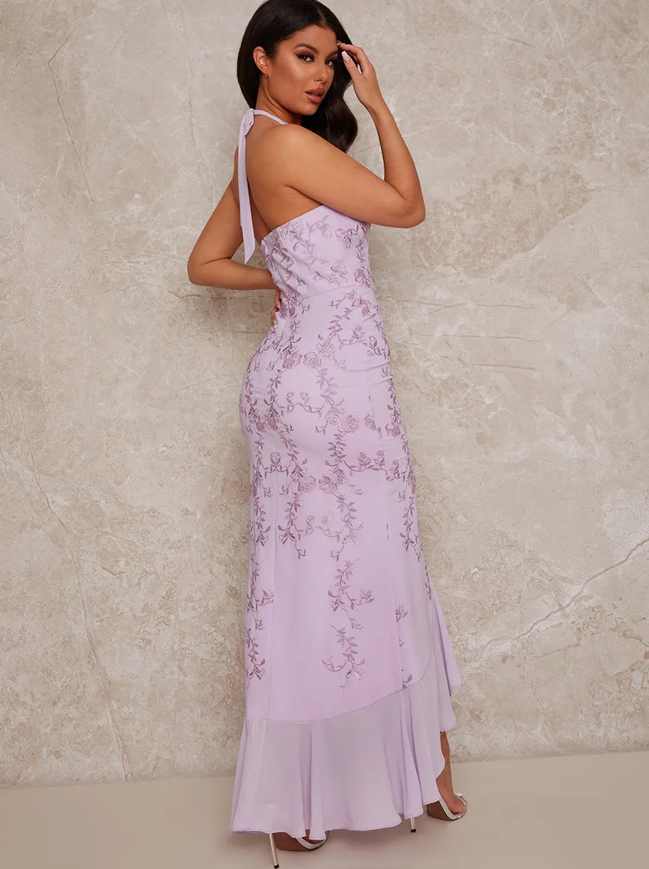 Embroidered Halter Neck Maxi Dress in Purple sold by Chi Chi London product image thumbnail 4