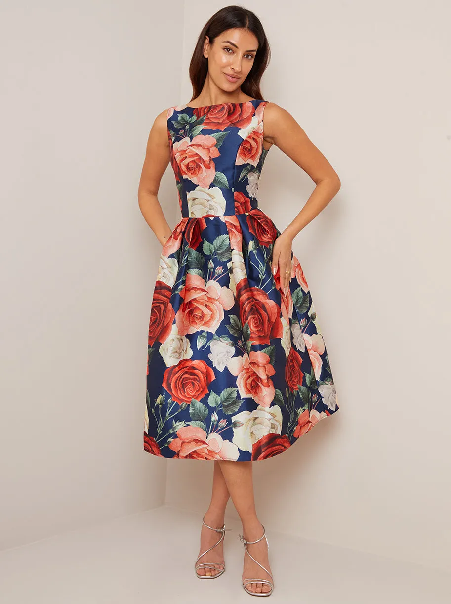 Sleeveless Floral Print Midi Skater Dress in Navy sold by Chi Chi London