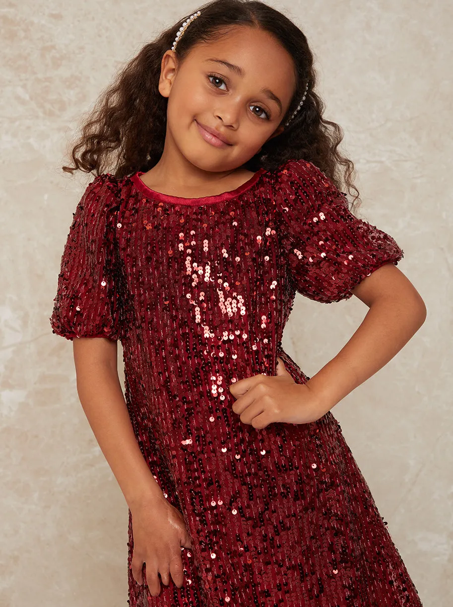 Girls Short Sleeve Sequin Midi Dress in Berry sold by Chi Chi London product image thumbnail 2