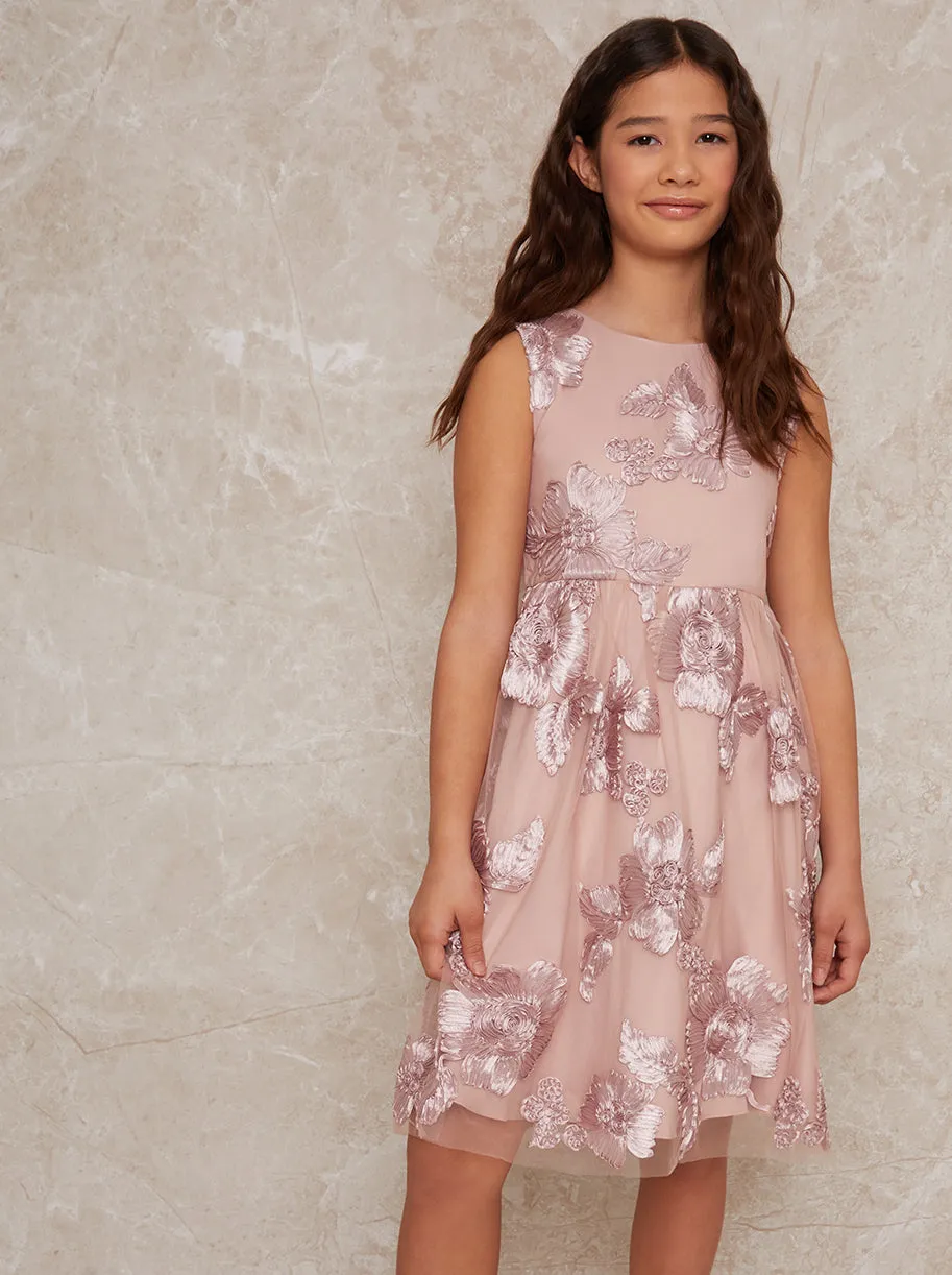 Girls Sleeveless Floral Embroidered Midi Dress in Pink sold by Chi Chi London