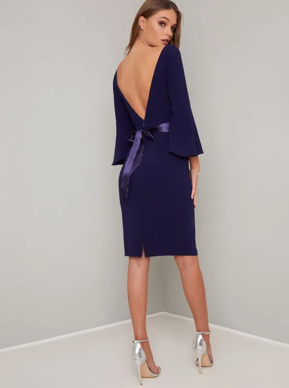 Open Back Flute Sleeve Midi Dress in Blue sold by Chi Chi London