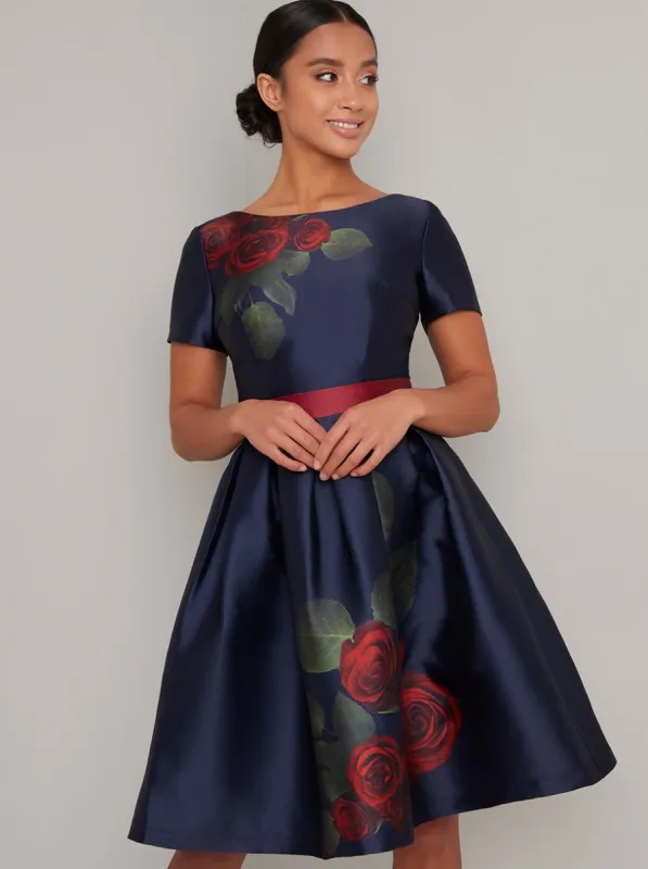 Petite Short Sleeved Bold Print Midi Dress in Blue sold by Chi Chi London