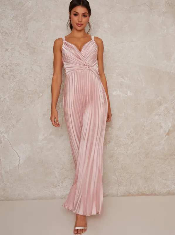 Satin Pleated Wrap Maxi Dress In Pink sold by Chi Chi London
