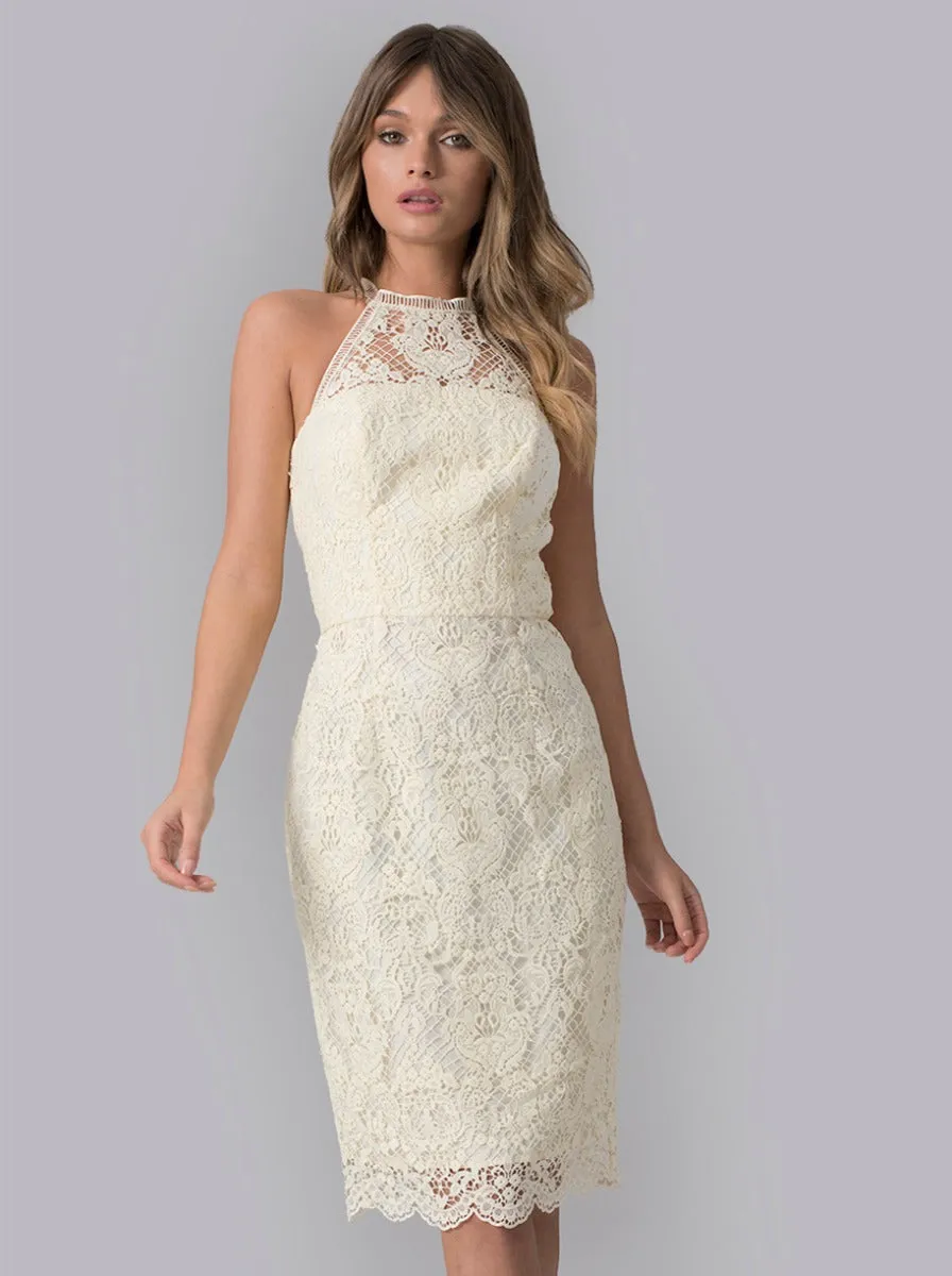 Crochet Overlay High Neck Midi Dress in Yellow sold by Chi Chi London product image thumbnail 4