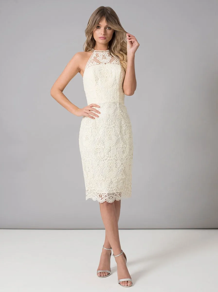 Crochet Overlay High Neck Midi Dress in Yellow sold by Chi Chi London