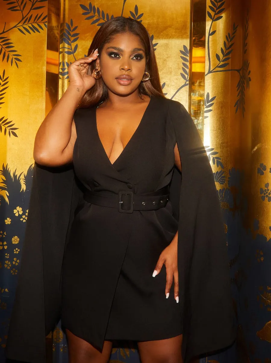 Plus Size Blazer Dress with Cape Detail in Black sold by Chi Chi London