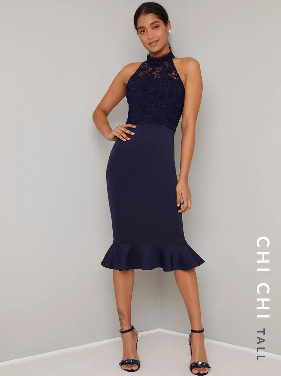 Tall High Neck Lace Peplum Bodycon Dress in Blue sold by Chi Chi London product image thumbnail 4