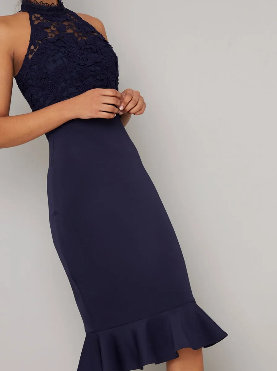 Tall High Neck Lace Peplum Bodycon Dress in Blue sold by Chi Chi London