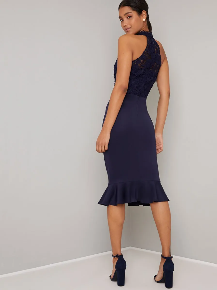 Tall High Neck Lace Peplum Bodycon Dress in Blue sold by Chi Chi London product image thumbnail 2
