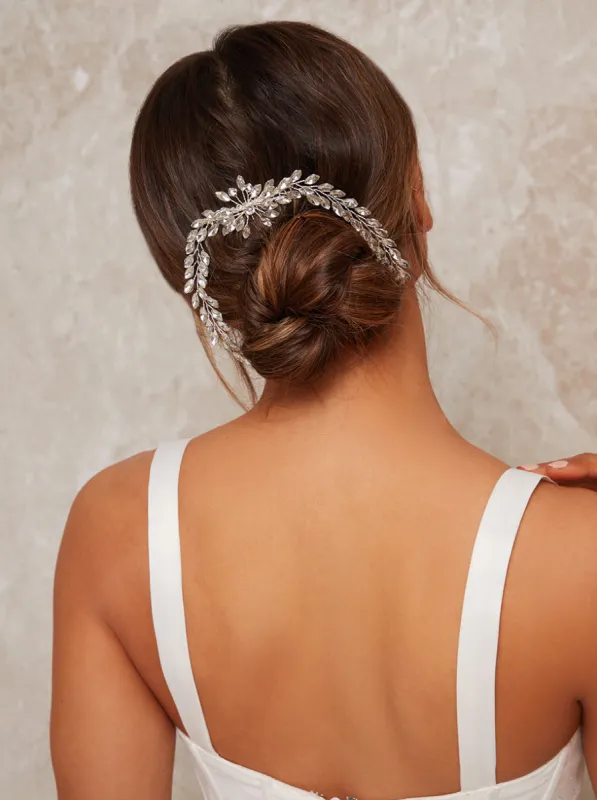 Diamante Embellished Hair Piece with Floral Design in Silver sold by Chi Chi London