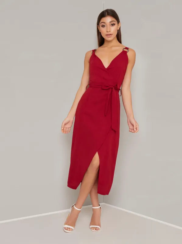 Wrap Detail Tulip Hem Midi Dress in Red sold by Chi Chi London