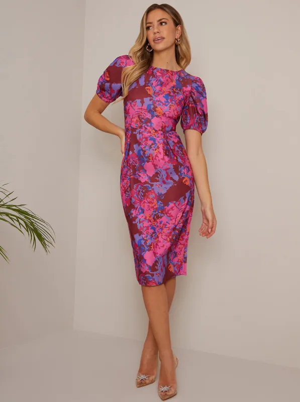 Short Sleeve Floral Midi Dress in Pink sold by Chi Chi London