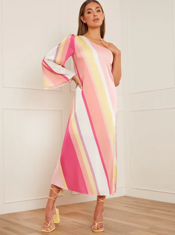 One-Shoulder Long Sleeve Stripe Print Midi Dress in Pink sold by Chi Chi London
