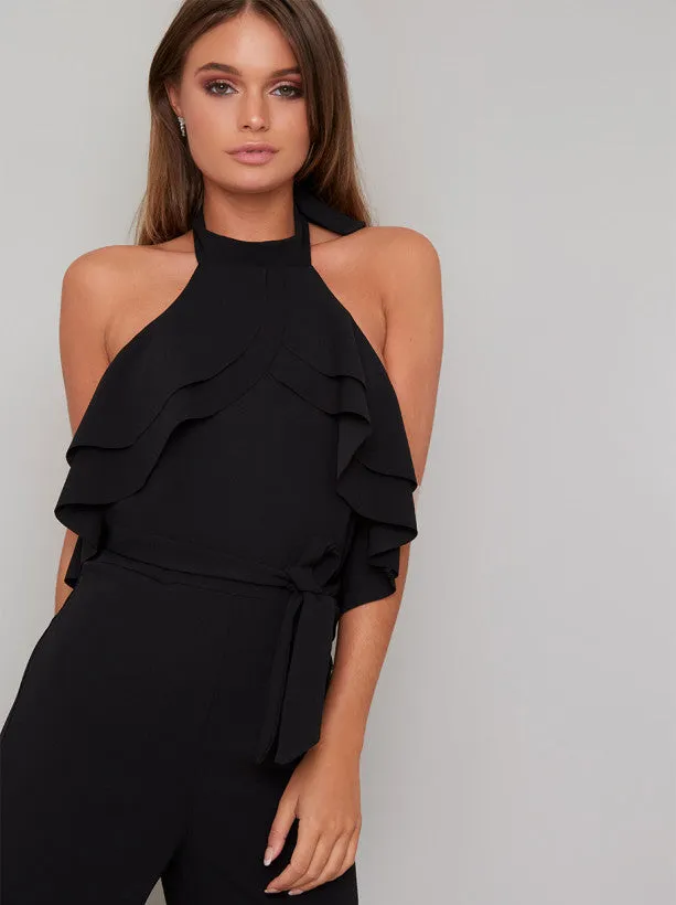 Halterneck Ruffle Wide Leg Jumpsuit in Black sold by Chi Chi London product image thumbnail 2