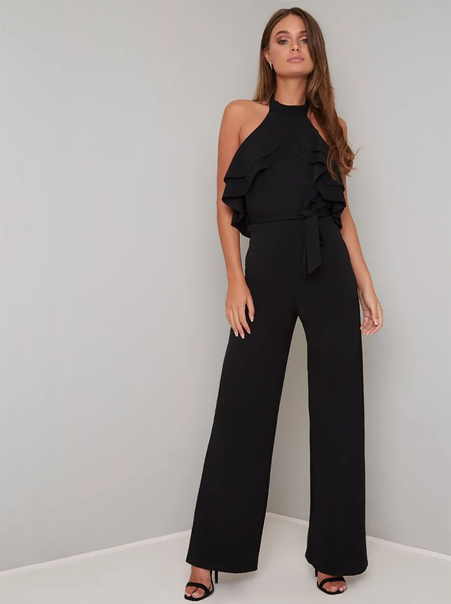 Halterneck Ruffle Wide Leg Jumpsuit in Black sold by Chi Chi London