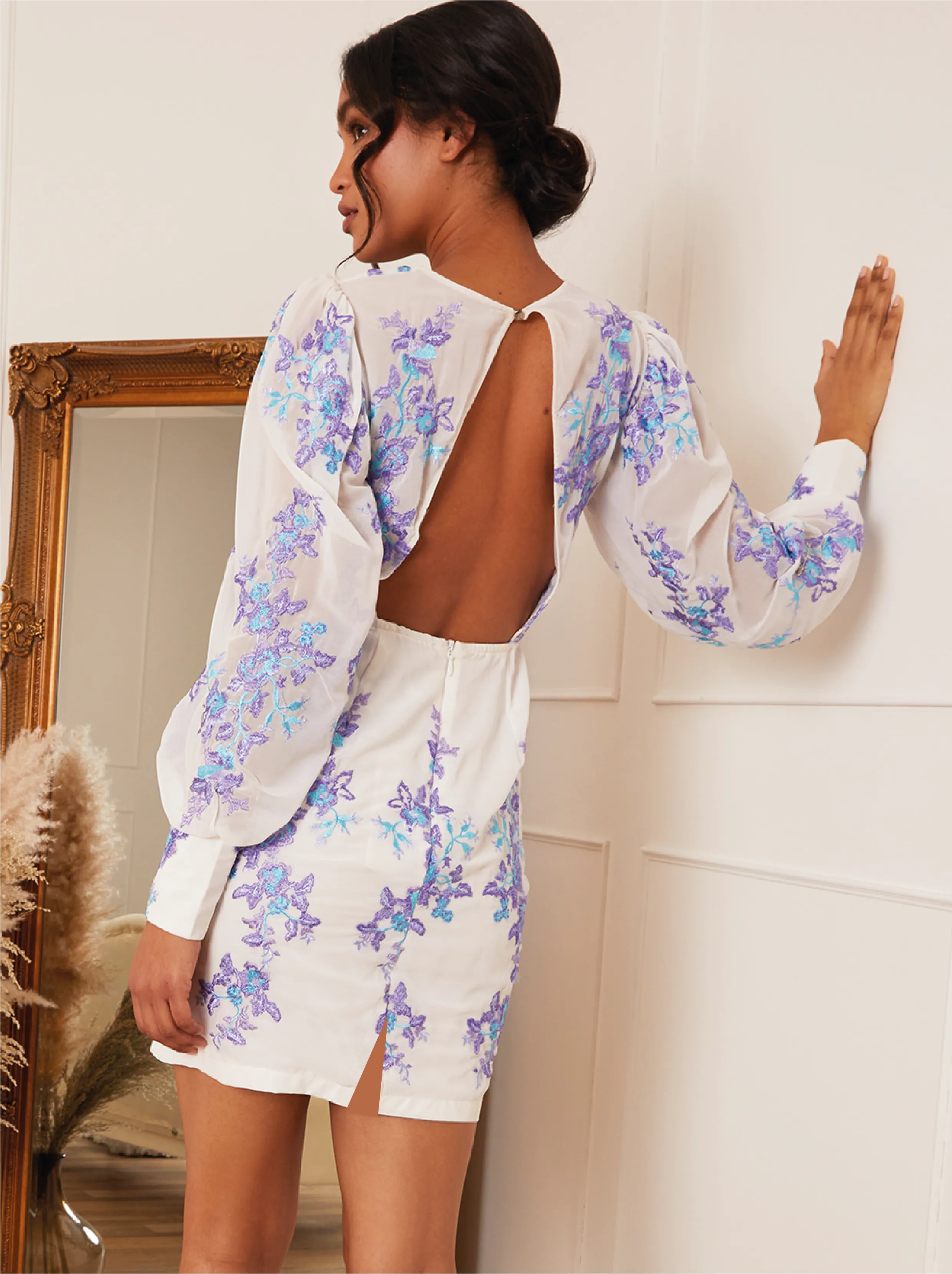 Floral Embroidered Mini Dress in White sold by Chi Chi London product image thumbnail 3