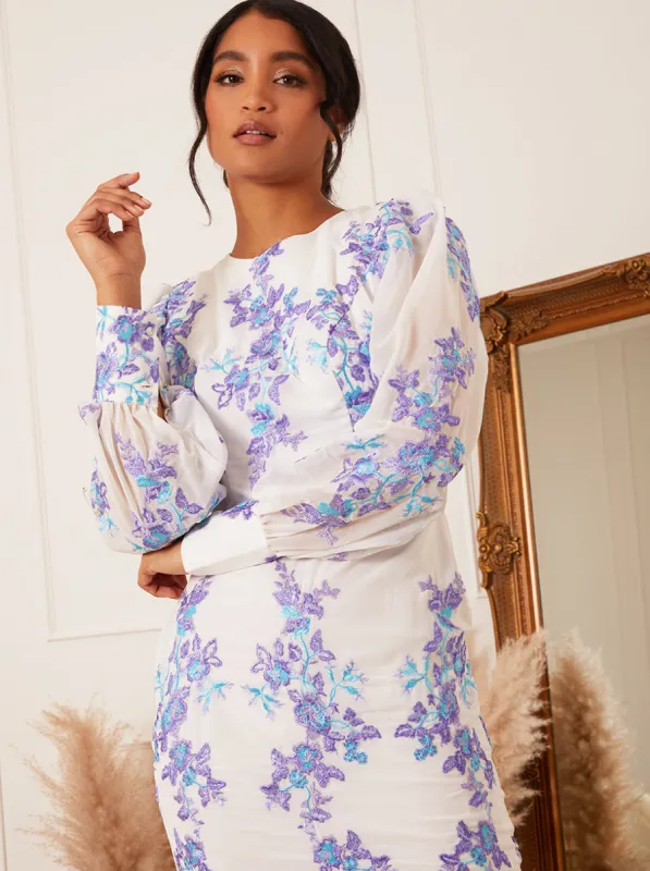 Floral Embroidered Mini Dress in White sold by Chi Chi London
