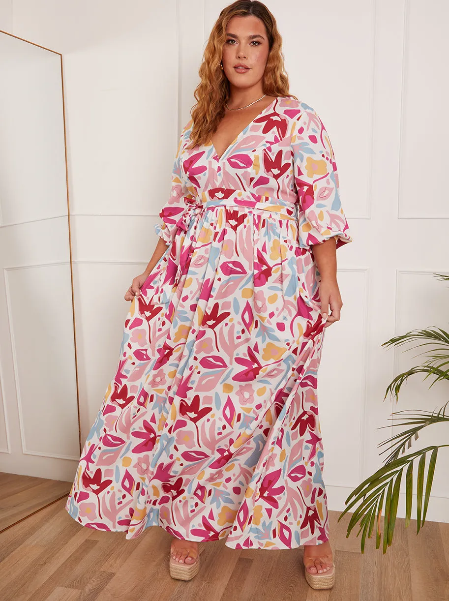 Plus Size Floral Print Wrap Maxi Dress in Pink sold by Chi Chi London