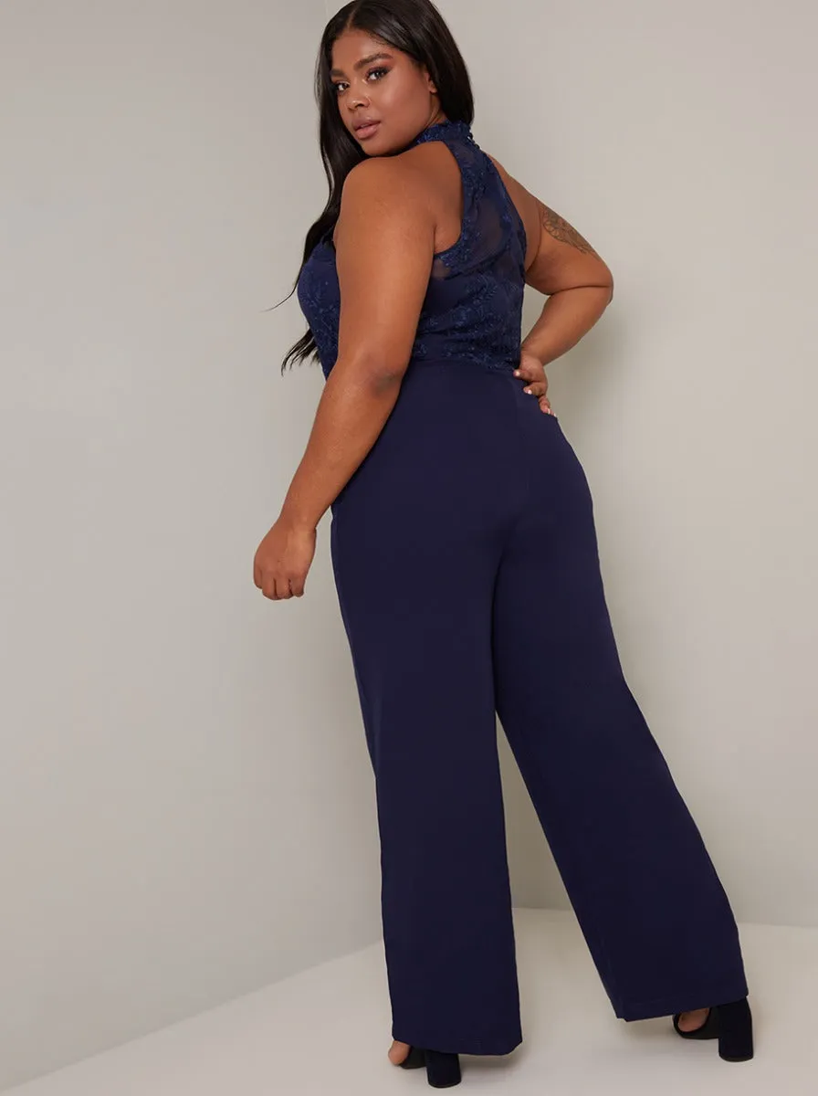 Plus Size Halter Neck Lace Wide Leg Jumpsuit in Blue sold by Chi Chi London product image thumbnail 2