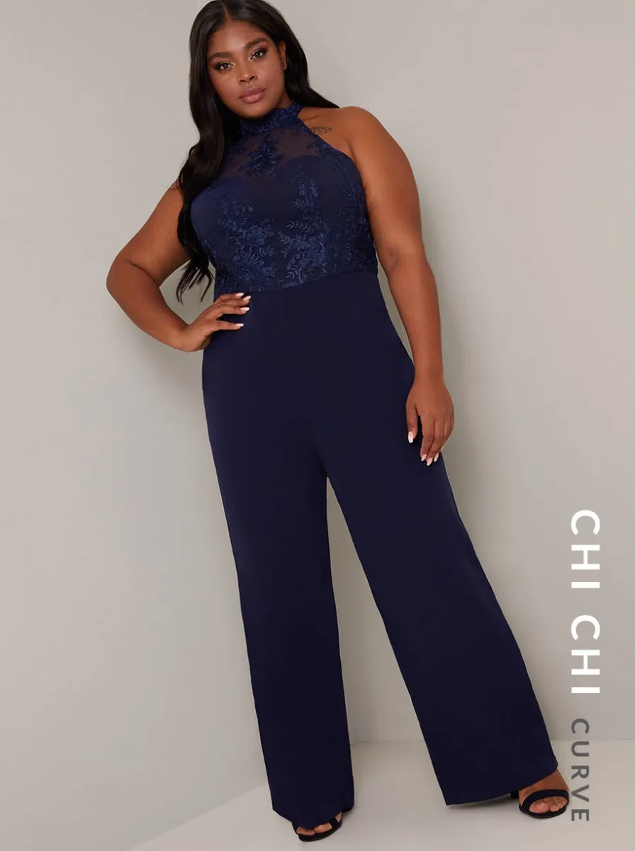 Plus Size Halter Neck Lace Wide Leg Jumpsuit in Blue sold by Chi Chi London product image thumbnail 3