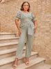 Plus Size Puff Sleeve Bardot Jumpsuit in Green sold by Chi Chi London