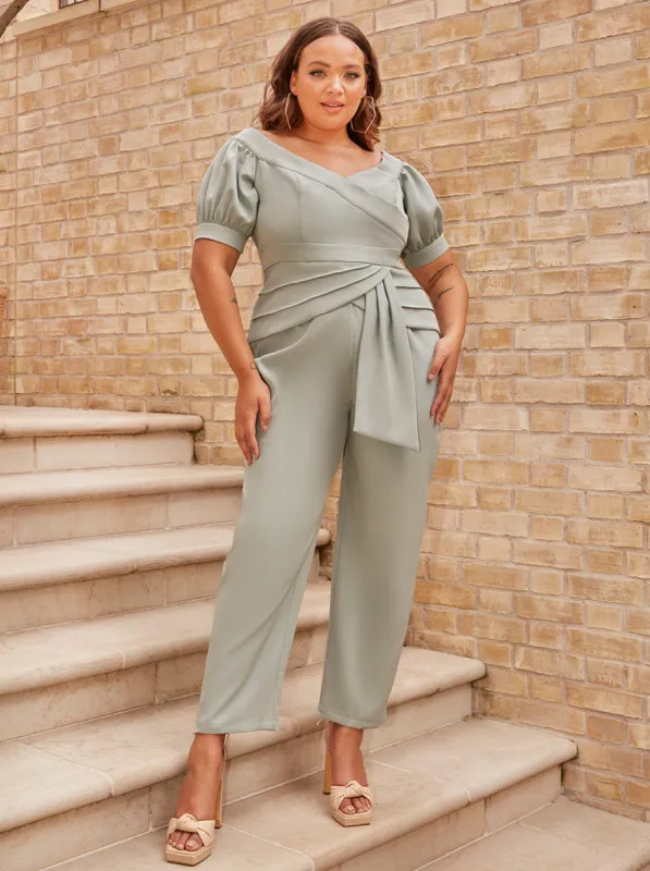 Plus Size Puff Sleeve Bardot Jumpsuit in Green sold by Chi Chi London