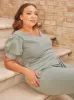 Plus Size Puff Sleeve Bardot Jumpsuit in Green sold by Chi Chi London