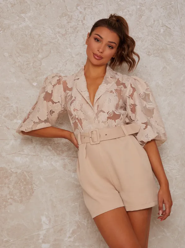 Sheer Floral Texture Balloon Sleeve Playsuit in Beige sold by Chi Chi London
