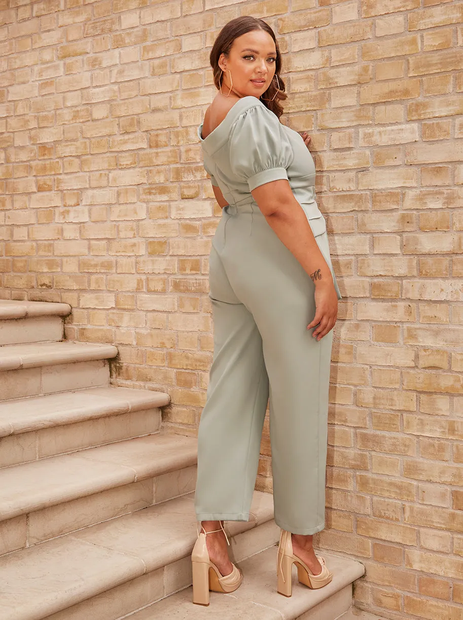 Plus Size Puff Sleeve Bardot Jumpsuit in Green sold by Chi Chi London product image thumbnail 4