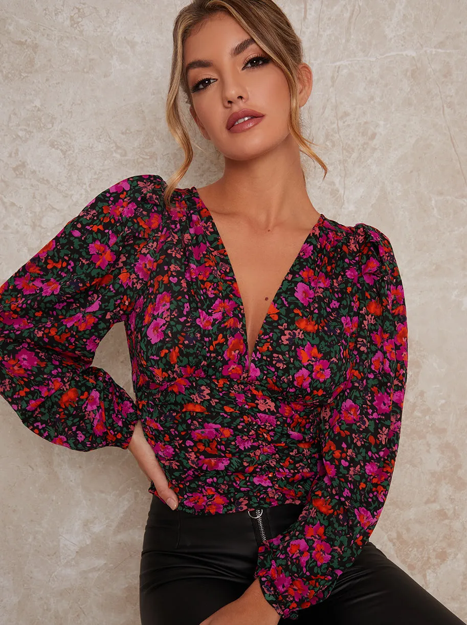 Balloon Sleeve V Neck Print Top in Black sold by Chi Chi London