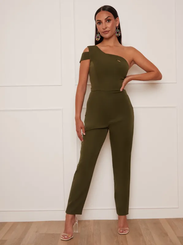 Petite One Shoulder Jumpsuit in Green sold by Chi Chi London