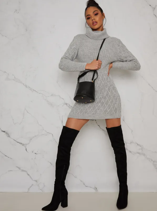 Long Sleeved Roll Neck Jumper Dress in Grey sold by Chi Chi London