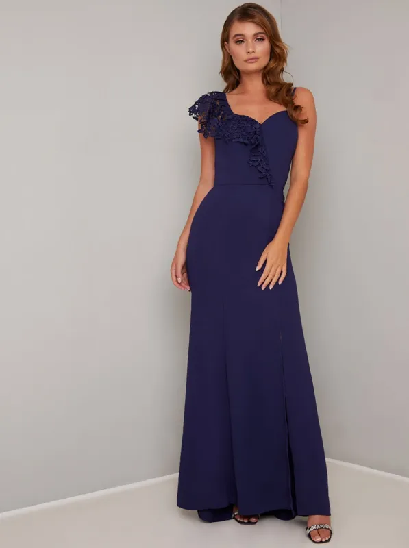 Ruffle Detail Thigh Split Maxi Dress in Blue sold by Chi Chi London