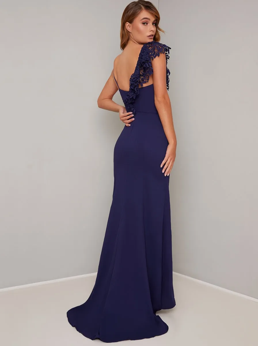 Ruffle Detail Thigh Split Maxi Dress in Blue sold by Chi Chi London product image thumbnail 2