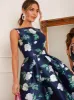 Boat Neck Floral Print Skater Dress in Navy sold by Chi Chi London