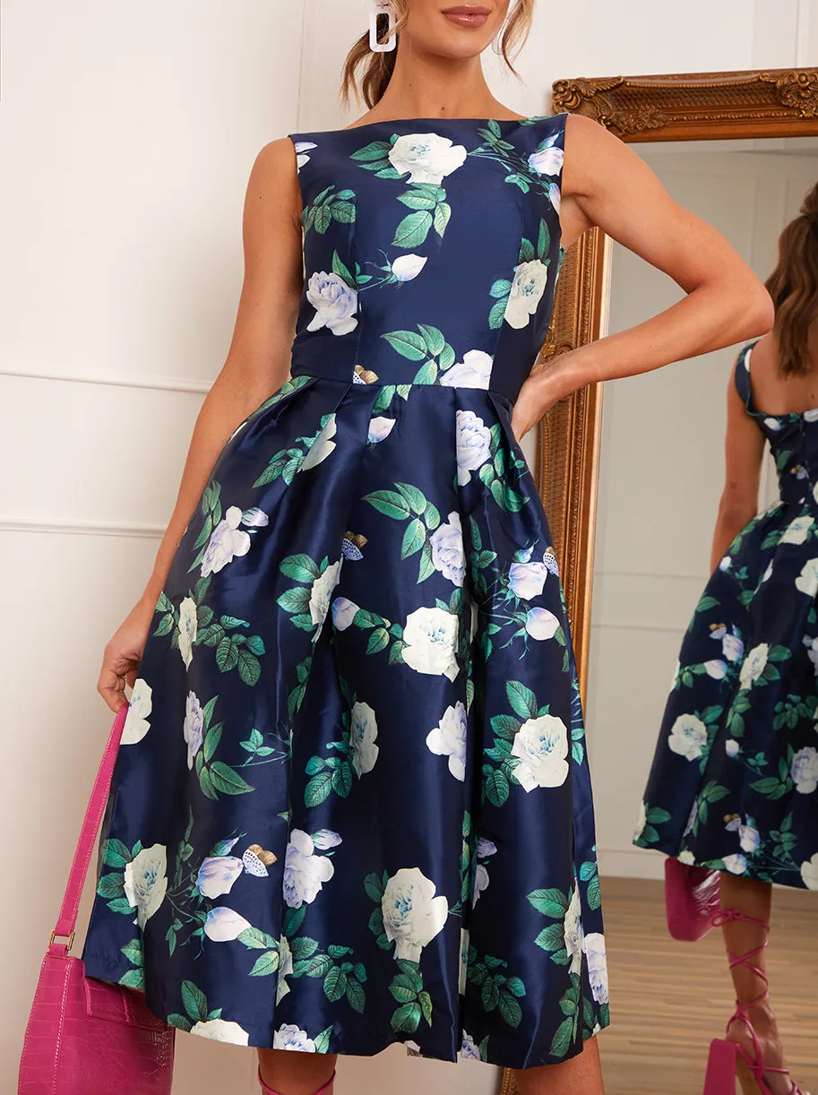 Boat Neck Floral Print Skater Dress in Navy sold by Chi Chi London product image thumbnail 3