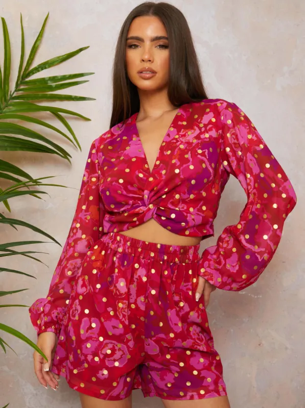 Twist Front Abstract Foil Spot Print Shirt in Berry sold by Chi Chi London