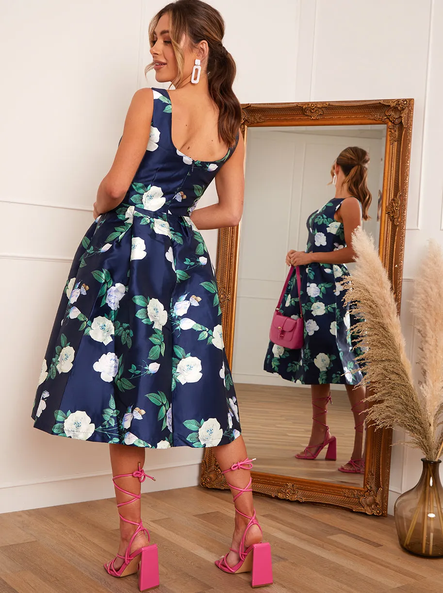 Boat Neck Floral Print Skater Dress in Navy sold by Chi Chi London product image thumbnail 2